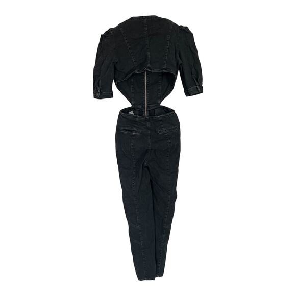 Retrofete Kiara Denim Jumpsuit Black Dark Cutouts V-Neck Puff Sleeves Women's S - Picture 3 of 14